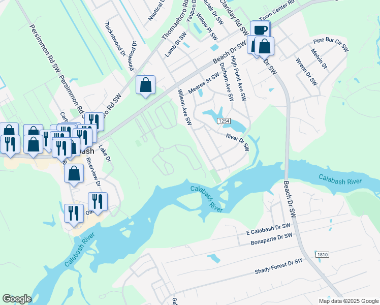 map of restaurants, bars, coffee shops, grocery stores, and more near 1961 Indigo Cove Way in Calabash