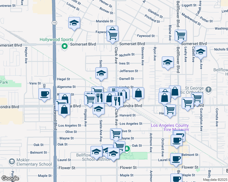 map of restaurants, bars, coffee shops, grocery stores, and more near 15709 Clark Avenue in Bellflower