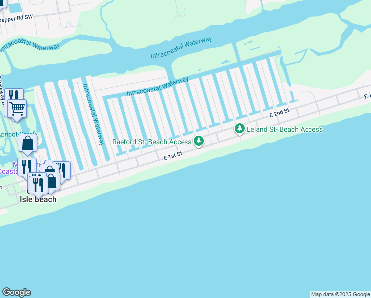 map of restaurants, bars, coffee shops, grocery stores, and more near 147 East 1st Street in Ocean Isle Beach