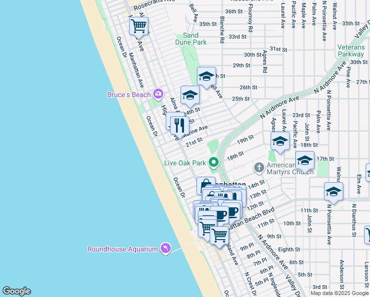 map of restaurants, bars, coffee shops, grocery stores, and more near 2016 Highland Ave in Manhattan Beach