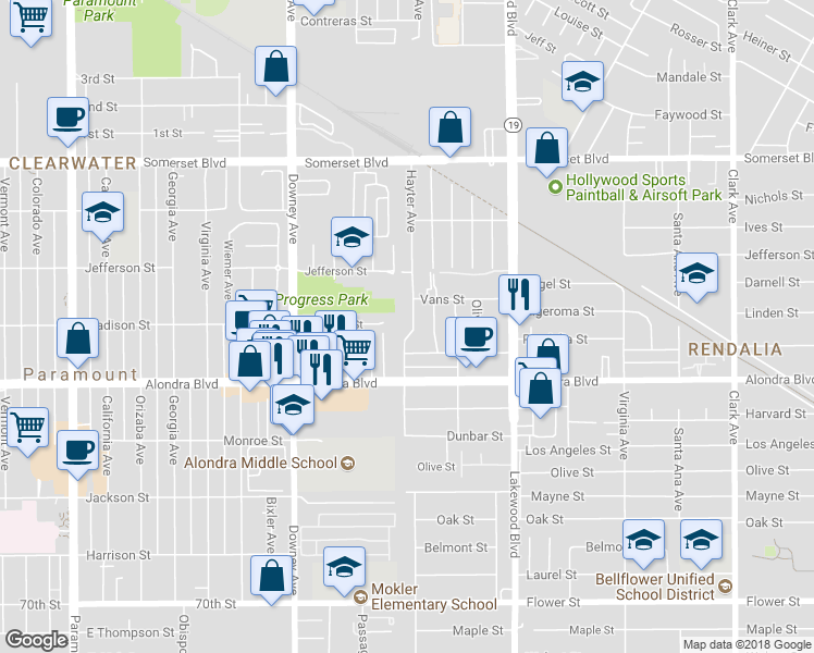 map of restaurants, bars, coffee shops, grocery stores, and more near 15705 Hayter Avenue in Paramount