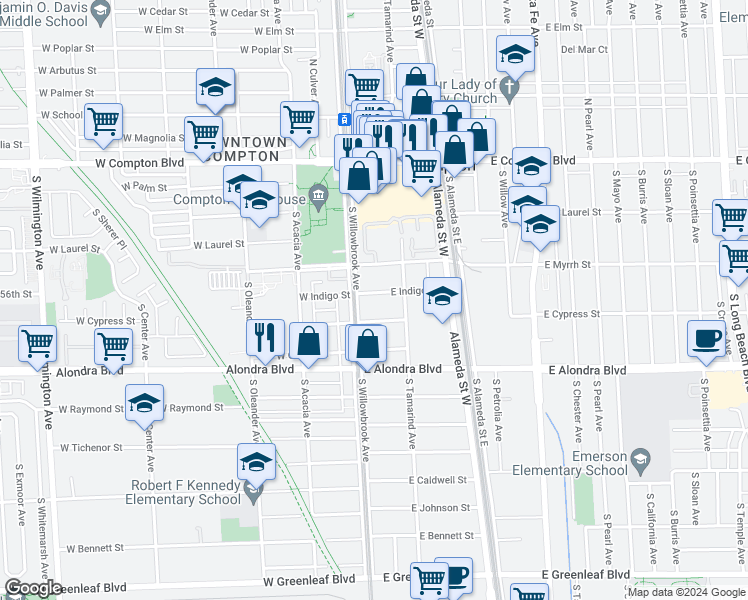 map of restaurants, bars, coffee shops, grocery stores, and more near 116 East Indigo Street in Compton