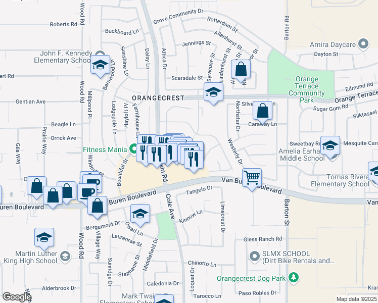 map of restaurants, bars, coffee shops, grocery stores, and more near 8794 Redcliff Place in Riverside