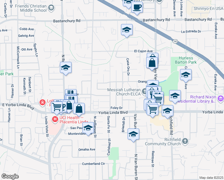 map of restaurants, bars, coffee shops, grocery stores, and more near 4802 Santa Fe Street in Yorba Linda