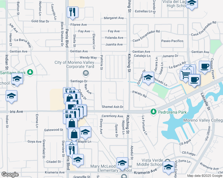 map of restaurants, bars, coffee shops, grocery stores, and more near 15760 Cayman Circle in Moreno Valley