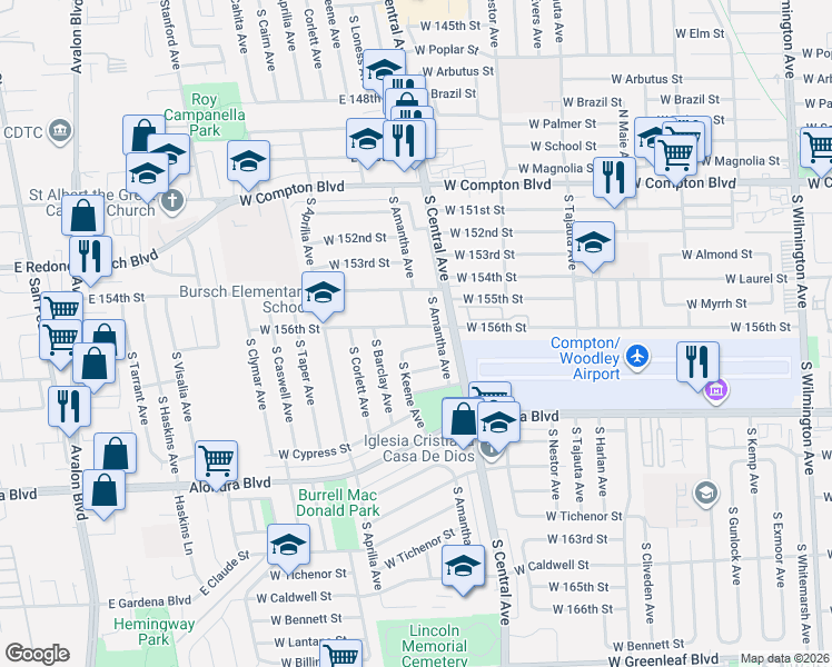map of restaurants, bars, coffee shops, grocery stores, and more near 2116 West 156th Street in Compton