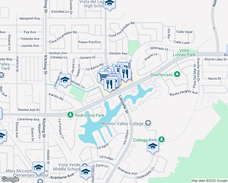 map of restaurants, bars, coffee shops, grocery stores, and more near 25960 Iris Avenue in Moreno Valley