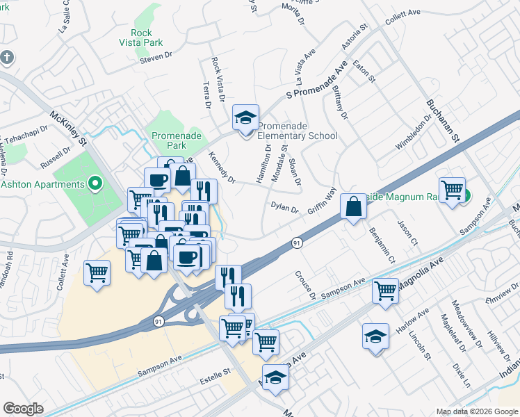 map of restaurants, bars, coffee shops, grocery stores, and more near 444 Mondale Street in Corona