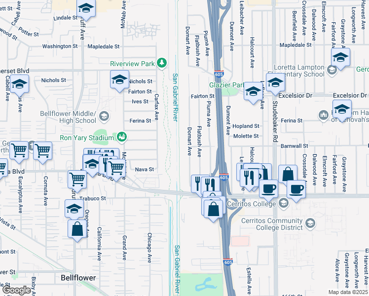 map of restaurants, bars, coffee shops, grocery stores, and more near 15403 Domart Avenue in Norwalk