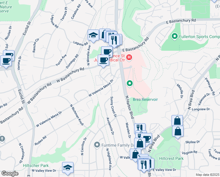 map of restaurants, bars, coffee shops, grocery stores, and more near 1709 Sunny Crest Drive in Fullerton