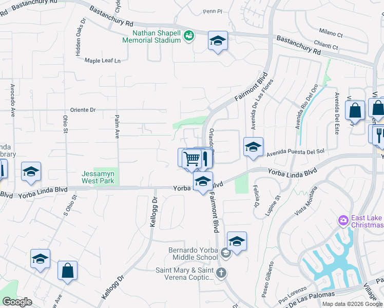 map of restaurants, bars, coffee shops, grocery stores, and more near 4780 Escalona Plaza in Yorba Linda