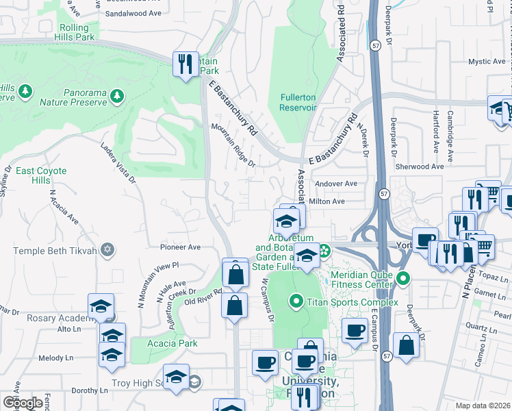map of restaurants, bars, coffee shops, grocery stores, and more near 2407 Almira Avenue in Fullerton