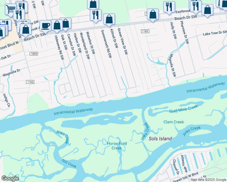 map of restaurants, bars, coffee shops, grocery stores, and more near 2029 Whispering Pine Street Southwest in Ocean Isle Beach
