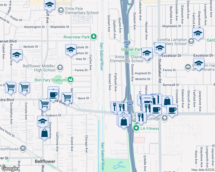 map of restaurants, bars, coffee shops, grocery stores, and more near 15403 Domart Avenue in Norwalk
