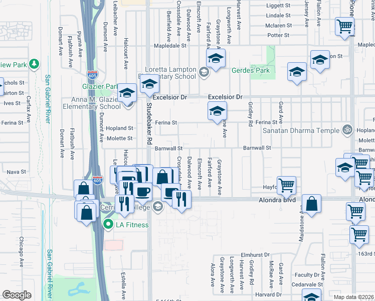 map of restaurants, bars, coffee shops, grocery stores, and more near 15403 Dalwood Avenue in Norwalk