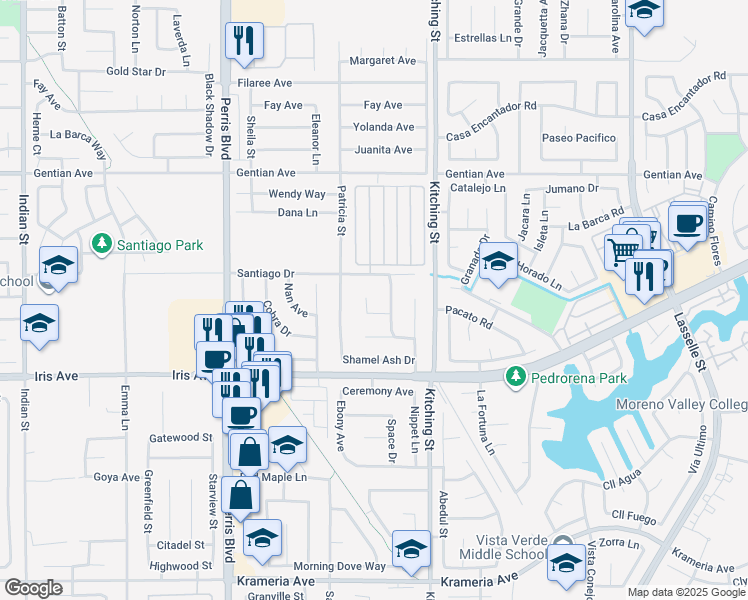map of restaurants, bars, coffee shops, grocery stores, and more near 15760 Cayman Circle in Moreno Valley