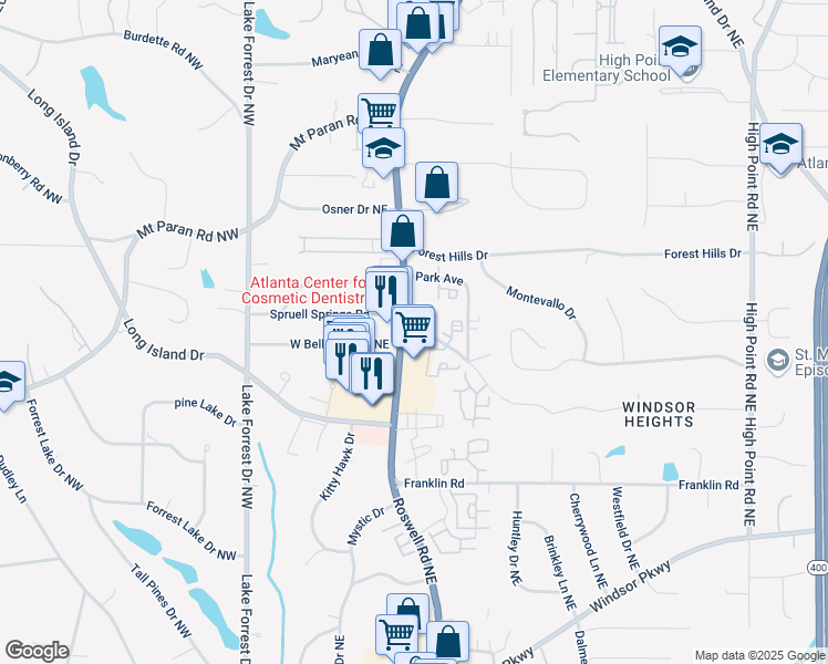 map of restaurants, bars, coffee shops, grocery stores, and more near 4975 Roswell Road Northeast in Atlanta
