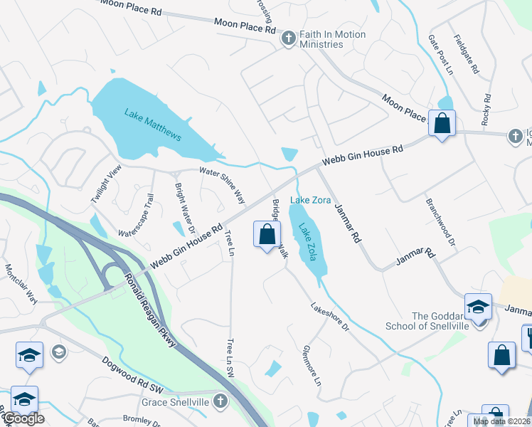 map of restaurants, bars, coffee shops, grocery stores, and more near 1211 Bridgewater Walk in Snellville