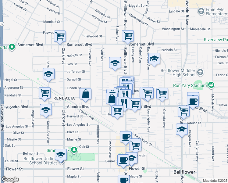 map of restaurants, bars, coffee shops, grocery stores, and more near 15703 Blaine Avenue in Bellflower