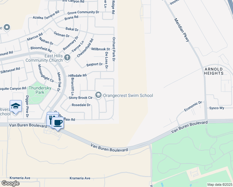 map of restaurants, bars, coffee shops, grocery stores, and more near 8840 Greenlawn Street in Riverside