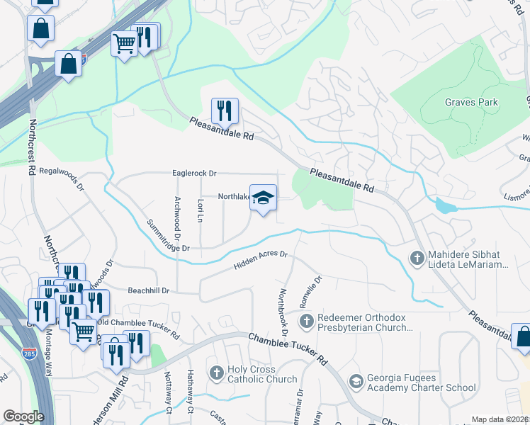 map of restaurants, bars, coffee shops, grocery stores, and more near 3695 Northlake Drive in Atlanta