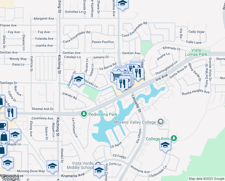 map of restaurants, bars, coffee shops, grocery stores, and more near 25868 Iris Avenue in Moreno Valley