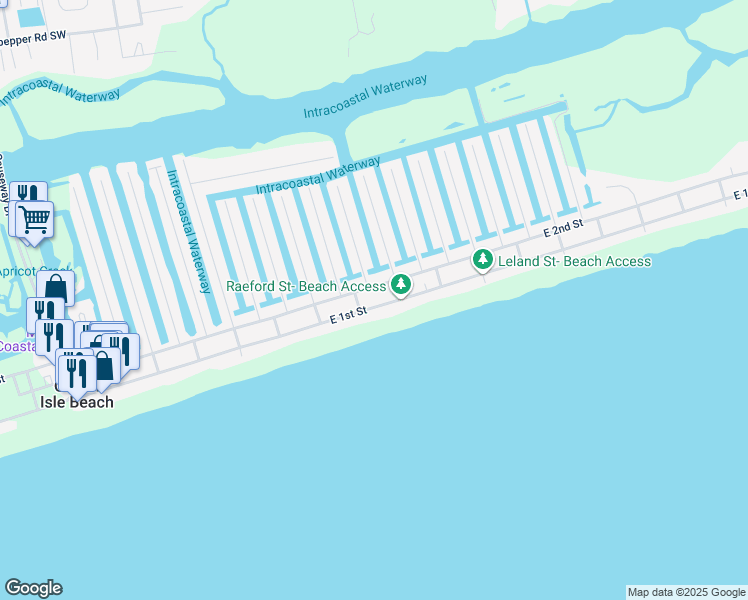 map of restaurants, bars, coffee shops, grocery stores, and more near 147 East 1st Street in Ocean Isle Beach