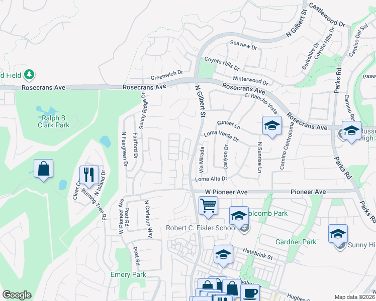 map of restaurants, bars, coffee shops, grocery stores, and more near 1709 Avenida Selva in Fullerton