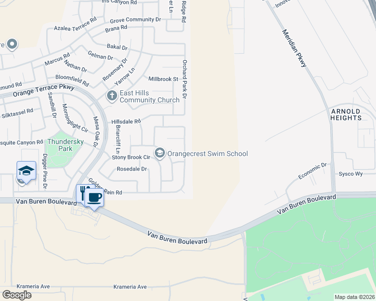 map of restaurants, bars, coffee shops, grocery stores, and more near 8840 Greenlawn Street in Riverside