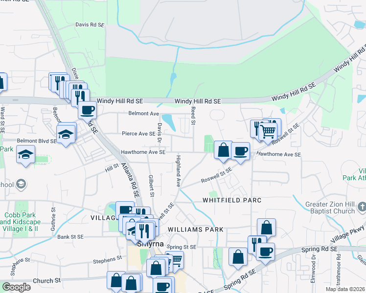 map of restaurants, bars, coffee shops, grocery stores, and more near 1432 Pierce Ave SE in Smyrna