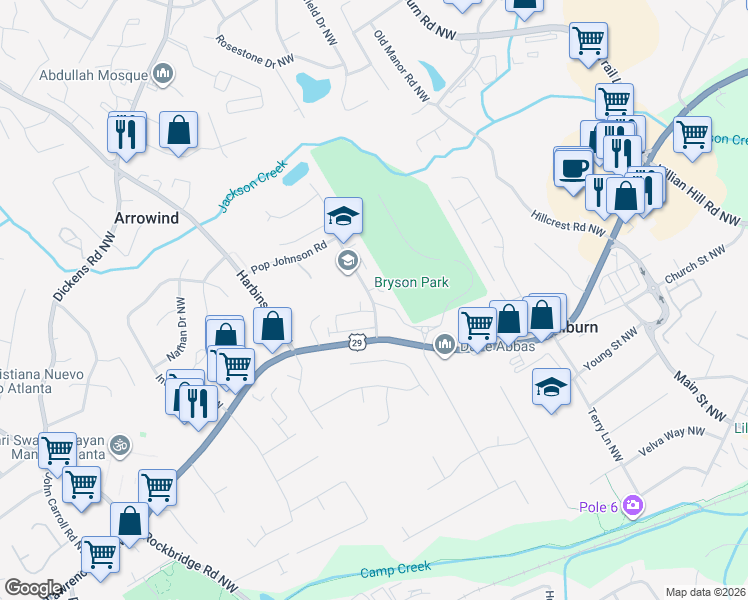 map of restaurants, bars, coffee shops, grocery stores, and more near 460 Lilburn School Road Northwest in Lilburn