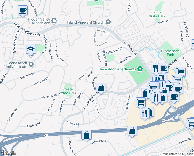 map of restaurants, bars, coffee shops, grocery stores, and more near 641 Avondale Drive in Corona