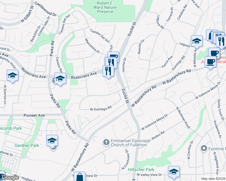 map of restaurants, bars, coffee shops, grocery stores, and more near Citron Road in Fullerton
