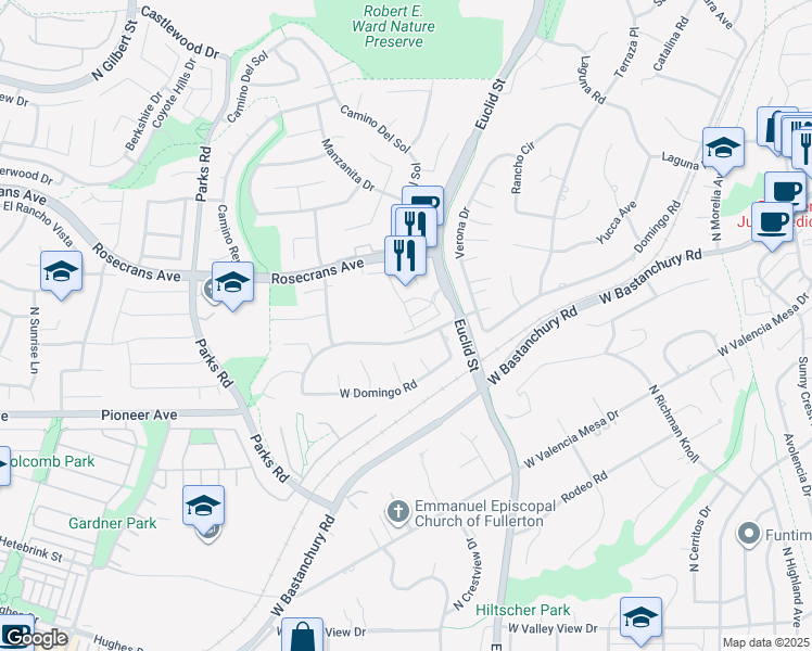 map of restaurants, bars, coffee shops, grocery stores, and more near 1711 Lychee Street in Fullerton