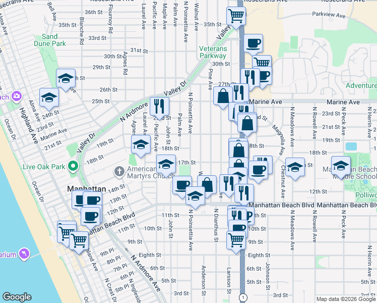 map of restaurants, bars, coffee shops, grocery stores, and more near 1725 North Poinsettia Avenue in Manhattan Beach
