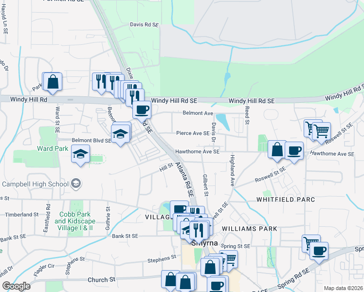 map of restaurants, bars, coffee shops, grocery stores, and more near 1267 Hawthorne Avenue Southeast in Smyrna