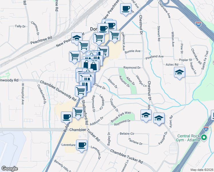 map of restaurants, bars, coffee shops, grocery stores, and more near 2594 McClave Drive in Doraville