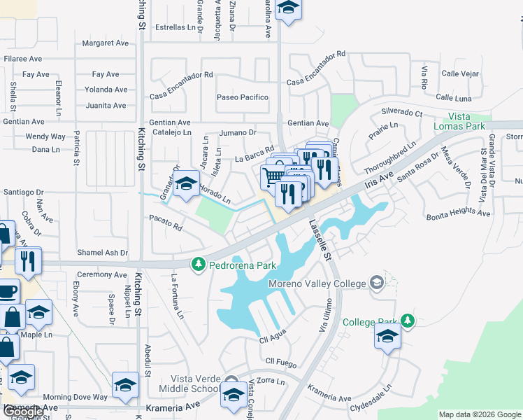 map of restaurants, bars, coffee shops, grocery stores, and more near 25870 Iris Avenue in Moreno Valley