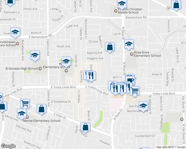 map of restaurants, bars, coffee shops, grocery stores, and more near 4882 Kermath Street in Placentia