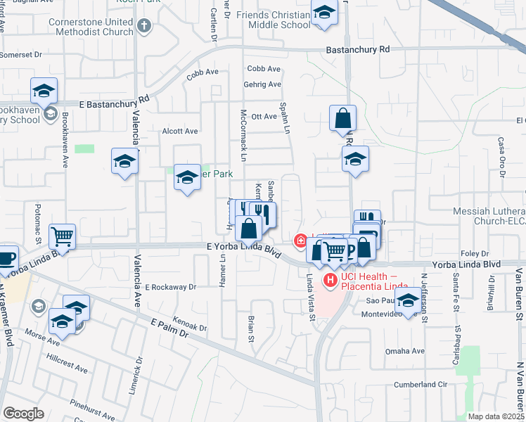 map of restaurants, bars, coffee shops, grocery stores, and more near 4882 Kermath Street in Placentia