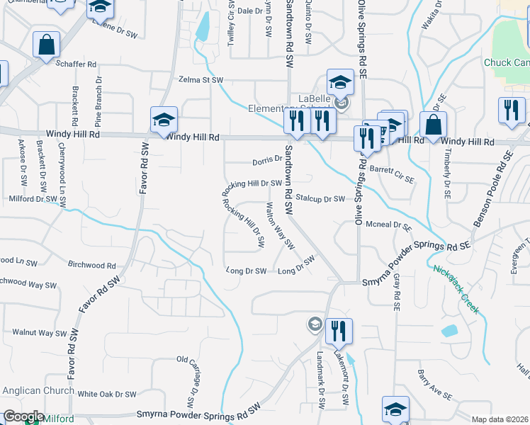 map of restaurants, bars, coffee shops, grocery stores, and more near 2560 Walton Way Southwest in Marietta