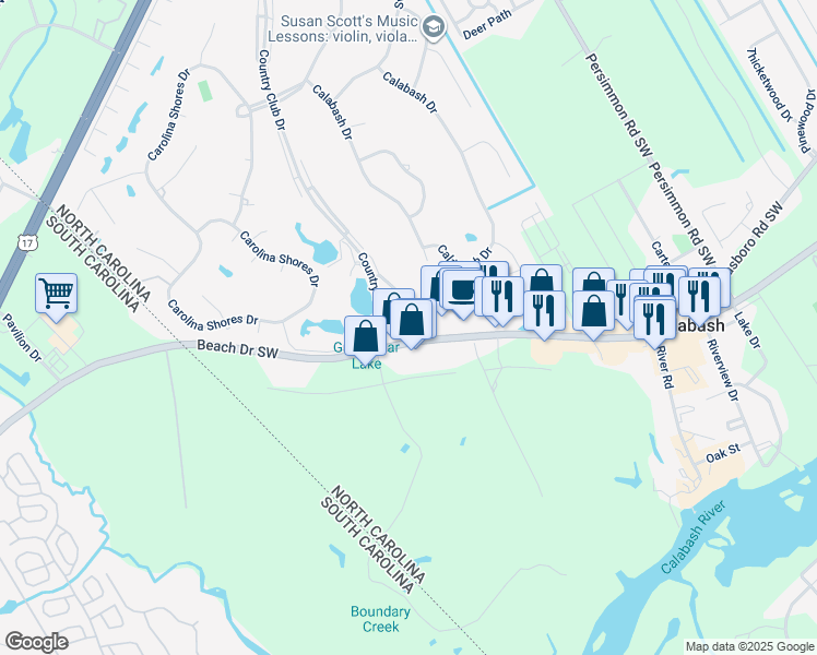 map of restaurants, bars, coffee shops, grocery stores, and more near 10170 Beach Drive Southwest in Calabash
