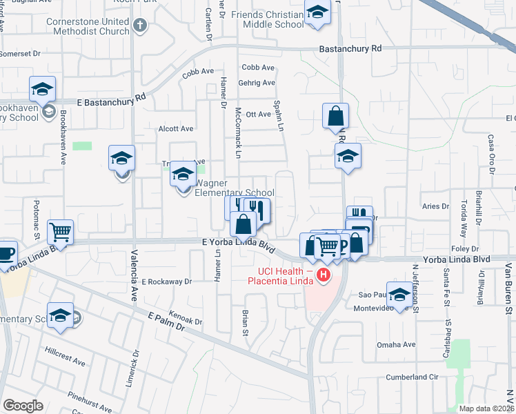 map of restaurants, bars, coffee shops, grocery stores, and more near 4882 Kermath Street in Placentia