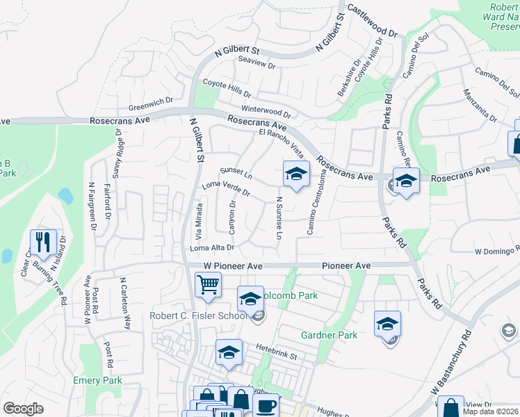 map of restaurants, bars, coffee shops, grocery stores, and more near 2109 Loma Alta Drive in Fullerton
