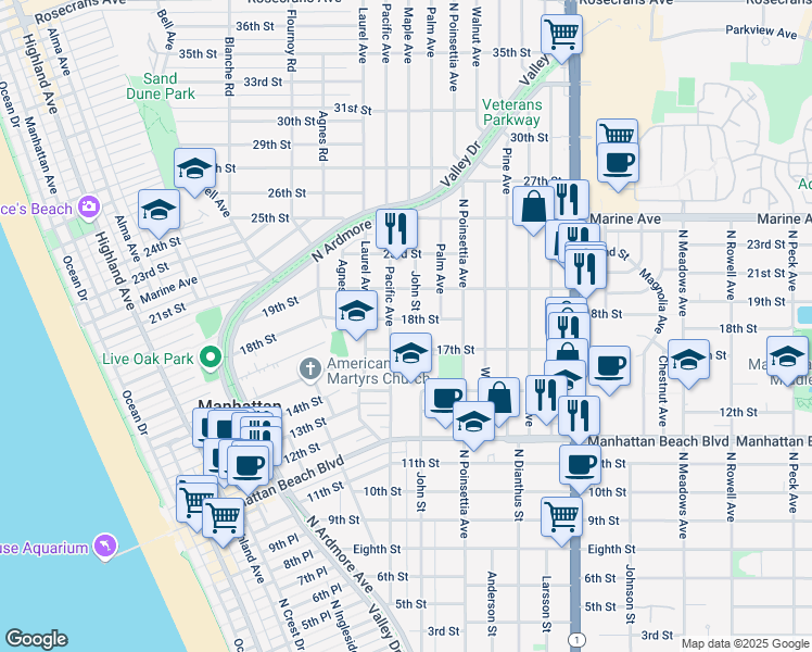 map of restaurants, bars, coffee shops, grocery stores, and more near 818 18th Street in Manhattan Beach