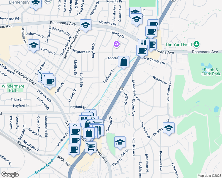 map of restaurants, bars, coffee shops, grocery stores, and more near 4761 Guadalajara Way in Buena Park