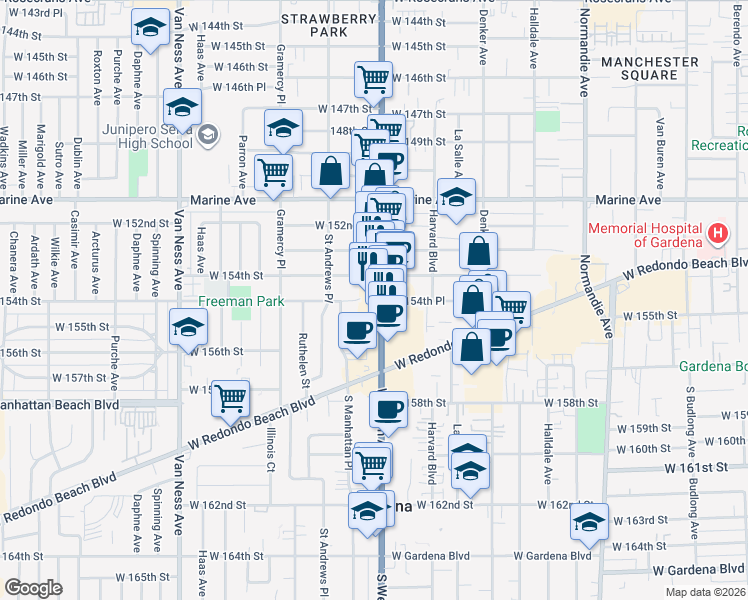 map of restaurants, bars, coffee shops, grocery stores, and more near 15435 South Western Avenue in Gardena