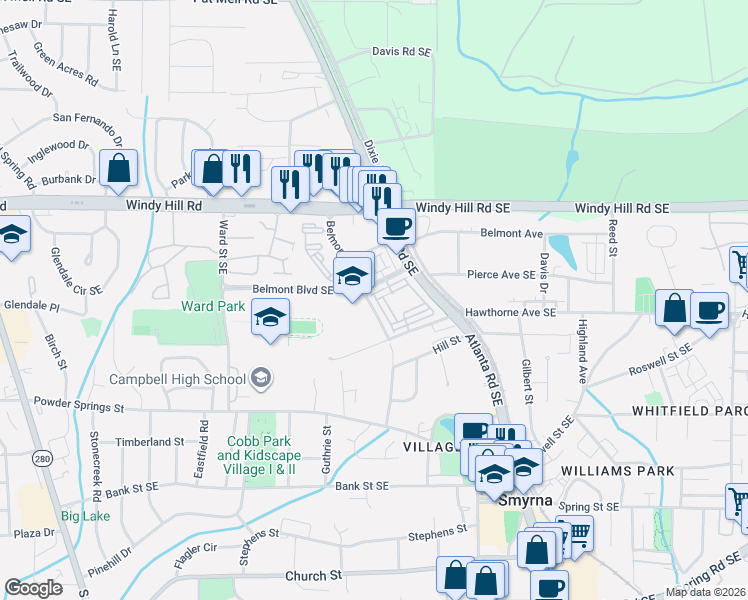 map of restaurants, bars, coffee shops, grocery stores, and more near 229 Dellwood Drive in Smyrna