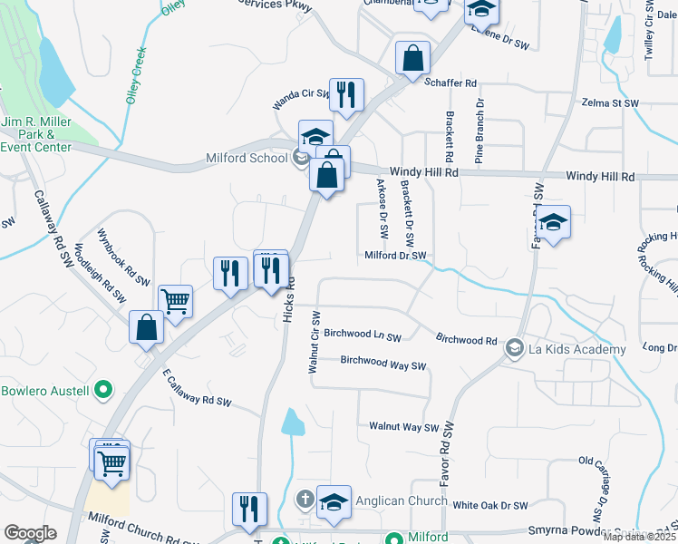 map of restaurants, bars, coffee shops, grocery stores, and more near 760 Walnut Circle Southwest in Marietta
