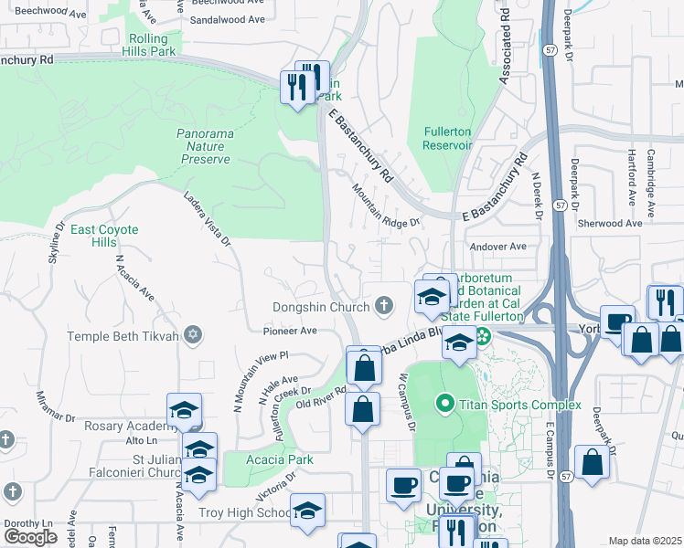 map of restaurants, bars, coffee shops, grocery stores, and more near 1912 Vista Del Oro in Fullerton
